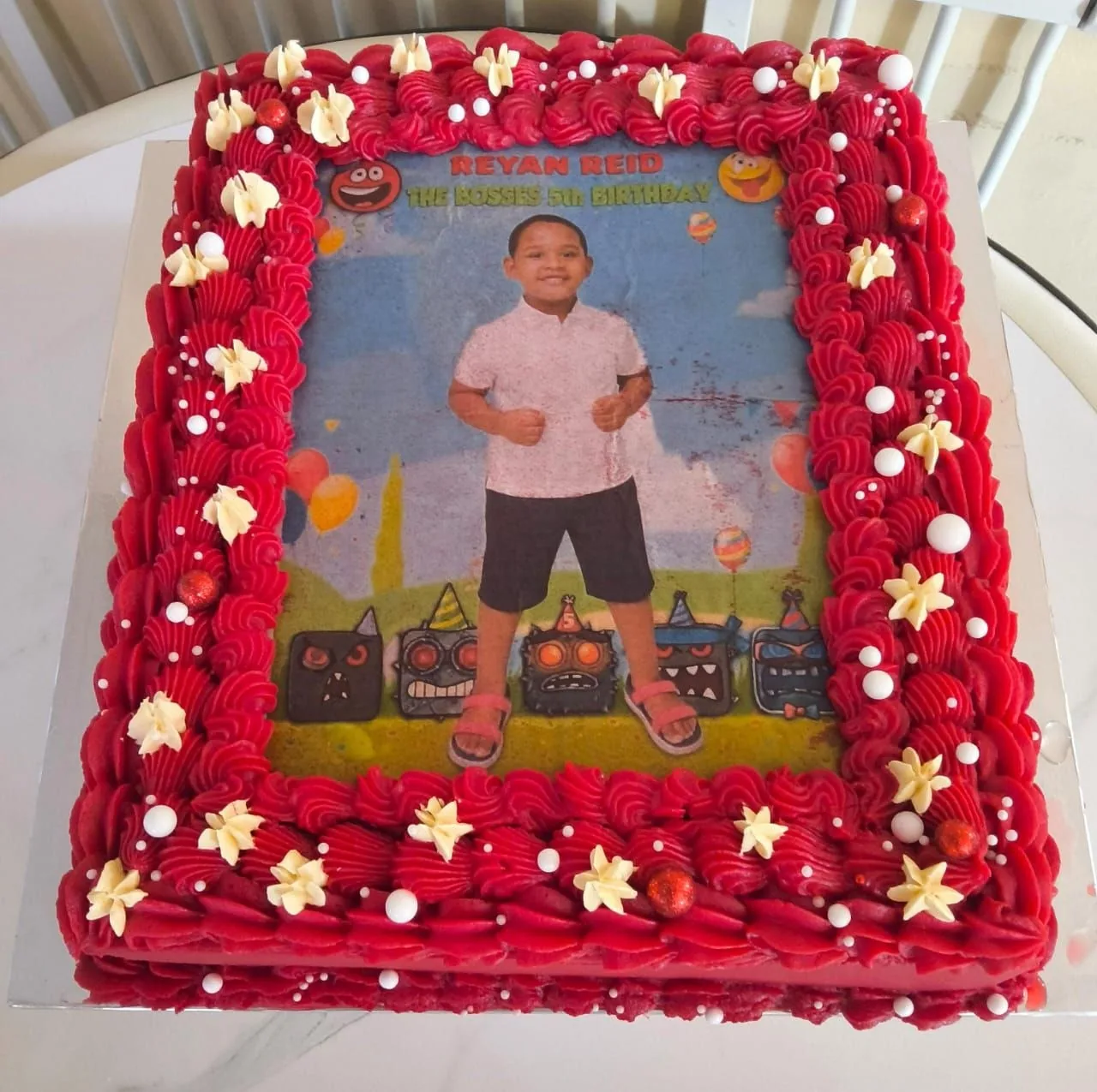 Red birthday photo cake for a kids' birthday order